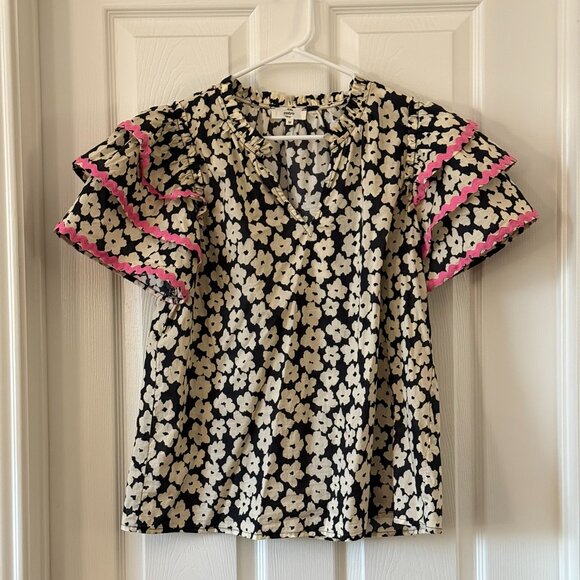 Entro Floral Contrast Ric Rac Layered Ruffle Sleeve Blouse Medium - Picture 3 of 5